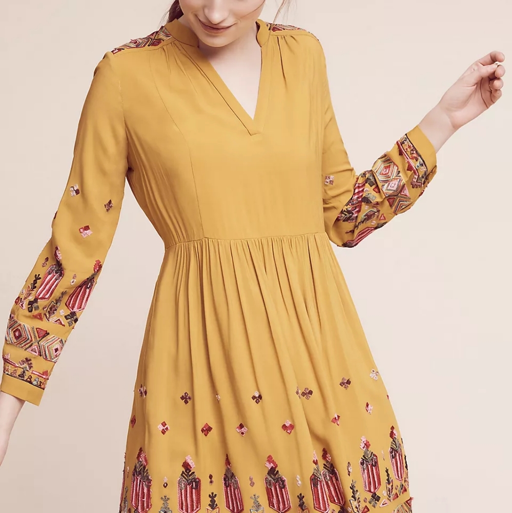 Realla Floreat Anthropologie Yellow Peasant Embroidered dress - Sz XS